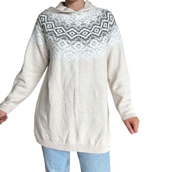 J. Jill Fair Isle Cream Hooded Tunic Sweater Knitted Size Medium Cotton Blend - Picture 2 of 11